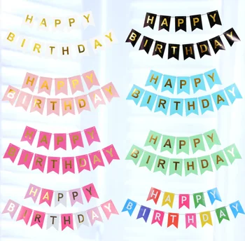 

1set Glitter Happy Birthday Gold Letter Paper Banner Bunting Pink Blue Hanging String Flags Boy Girl HappyBirthday Party Decor