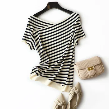 

Black and White Striped Knitted Shirt Short Sleeve T-shirt Top Women's Summer 2020