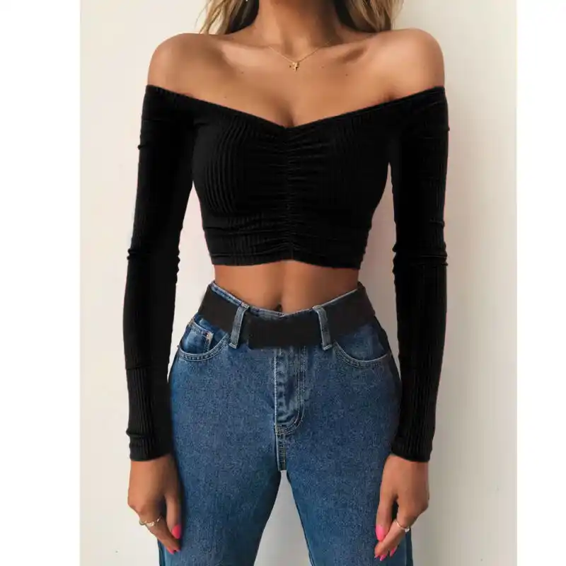 Off the shoulder black long sleeve top Clearance