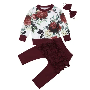 

Cute Baby Girls Sets Autumn Clothes Flowers 3Pcs Long Sleeve Top Pants Headband Girl Outfits