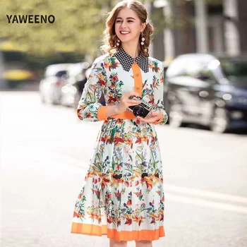 

2020 New Runway Fashion Spring Summer Women's Elegant Temperament Floral Print Dot Lapel Pleated Collect Waist A-line Dress