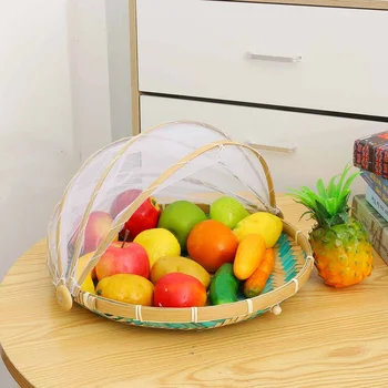 

Handmade Bamboo Woven Bug Proof Wicker Basket Outdoor Picnic Dustproof Fruit Tray Food Bread Dishes Cover Gauze Panier Osier