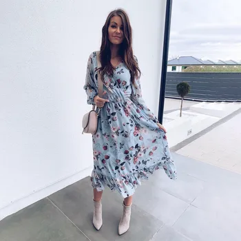 

Women Boho Floral Print Ruffle Dress Sexy V Neck Long Sleeve Chiffon Dresses 2020 New Fashion Summer Holiday Casual Mid Dress