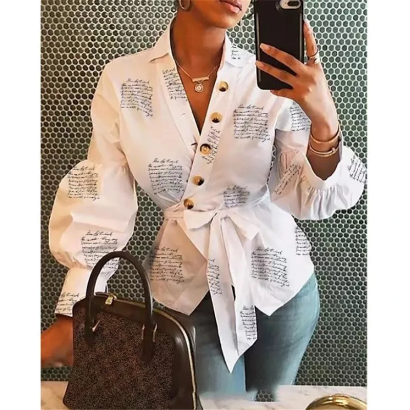 Women Button Blouse Shirt 2019 Female Clothing Long Sleeve Blusas Casual Women's Office Blouses Print Letter Lady OL Top | Женская