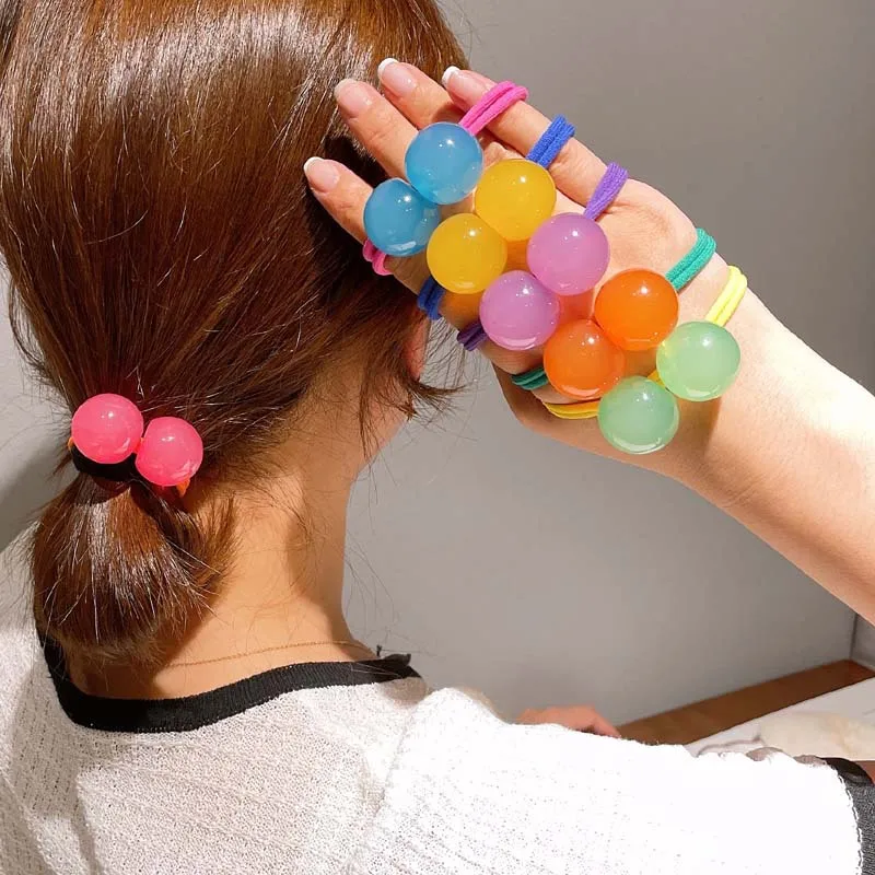 Colorful Bead Knotted Elastic Hair Band Cute Candy Ball Double Layer Rubber Band Hair Rope Hair Tie Head Band For Women Girls