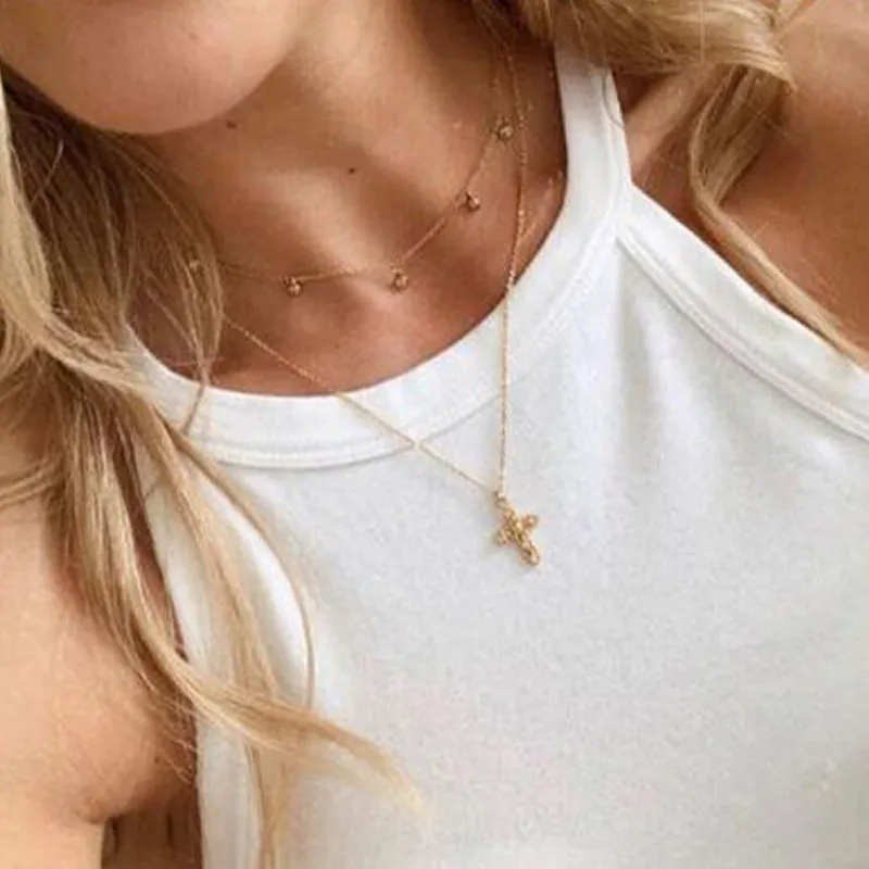 

GIVVLLRY 2 Layered Chain Necklace for Women Minimalist Gold Beads Tassel Jesus Cross Pendant Necklace Fashion Jewelry