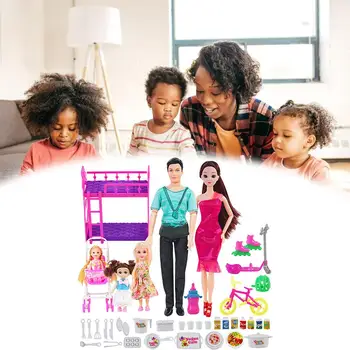 

40PCS Toys Accessories Family Dolls Set Of 5 People With Dad Pregnant Mom 3 Daughters Kid Pretend Playing For Kids Birthday Gift