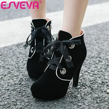 

ESVEVA 2020 Western Style Women Shoes Winter Ankle Boots Pointed Toe Flock Zipper Lace Up Thin High Heel Fashion Boot Size 34-43