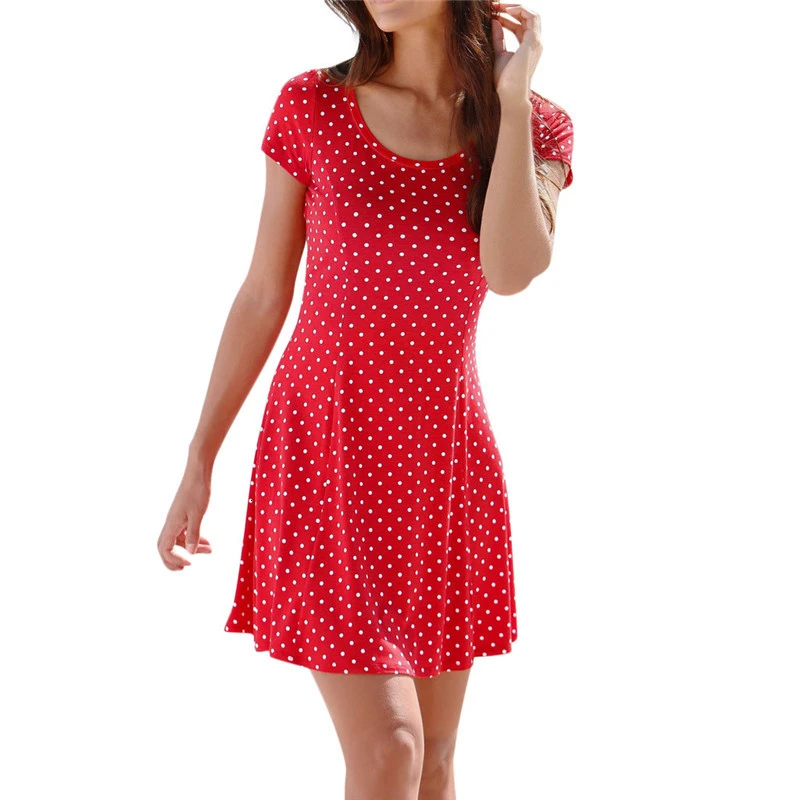 

MUQGEW Fashion Womens Summer Dress Casual Polyester Bohemian Short Sleeve Dot Printed Evening Party Knee Dress 2019 NEW