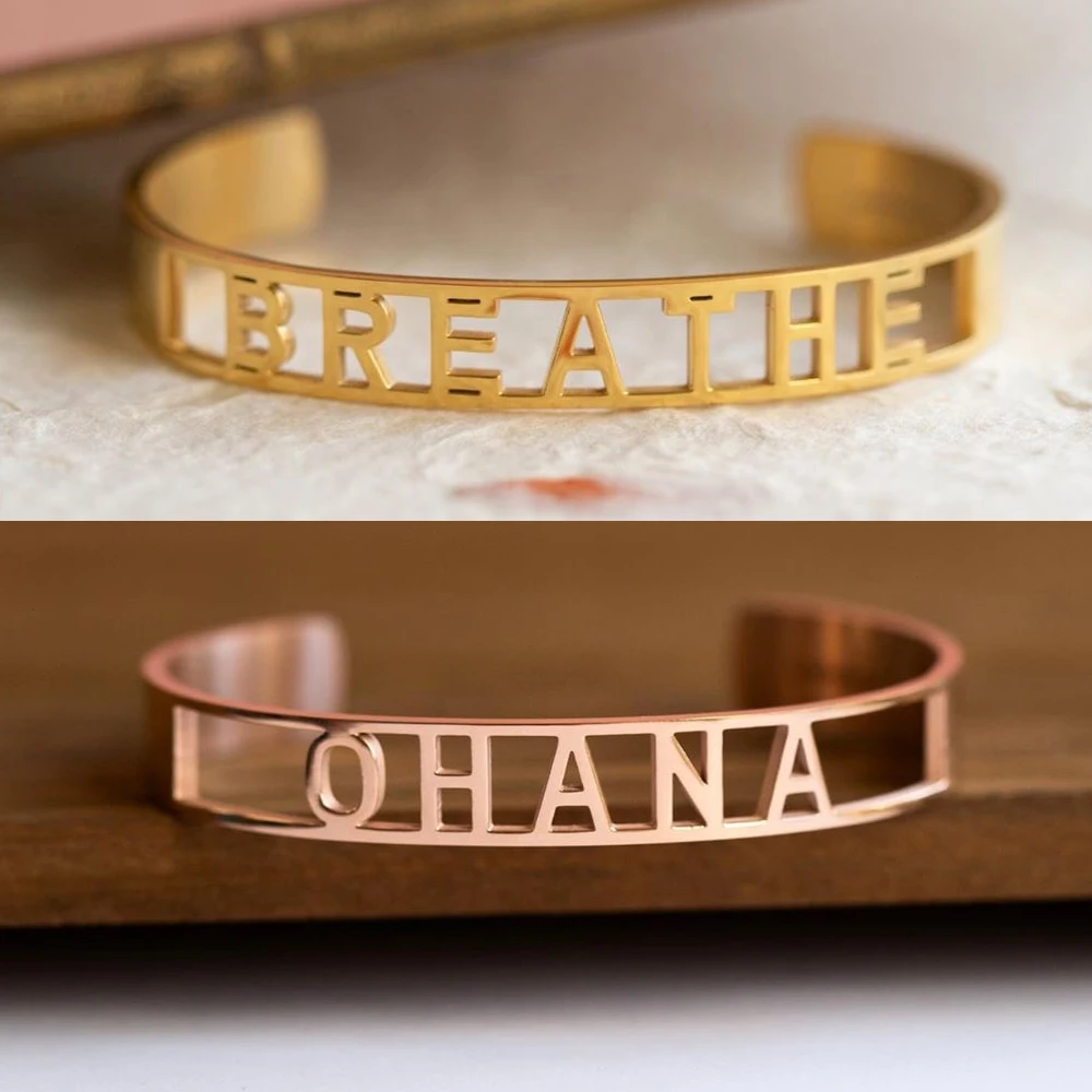 Stainless Steel Mantra Cuff Bangles Engraved Positive Inspirational Words Hollow out Alphabet Letter Bangle Femme Bijoux SL-171 6
