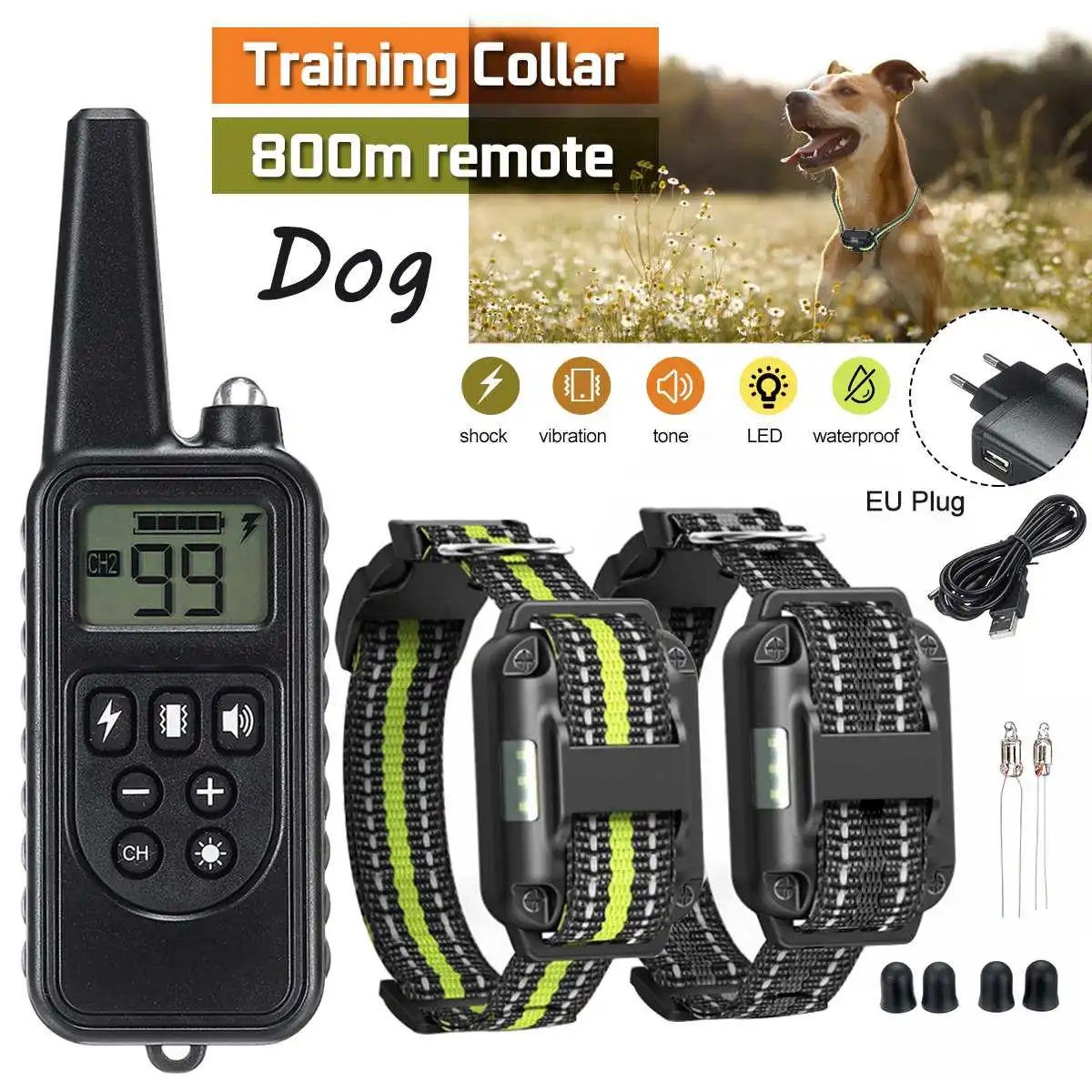 

800m Electric Dog Training Collar with LCD Display Pet Remote Control Waterproof Rechargeable Collars for Shock Vibration Sound