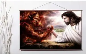 

JESUS VS DEVIL ARM WRESTLE RELIGION Art Print canvas Poster Canvas Scroll Painting with wood