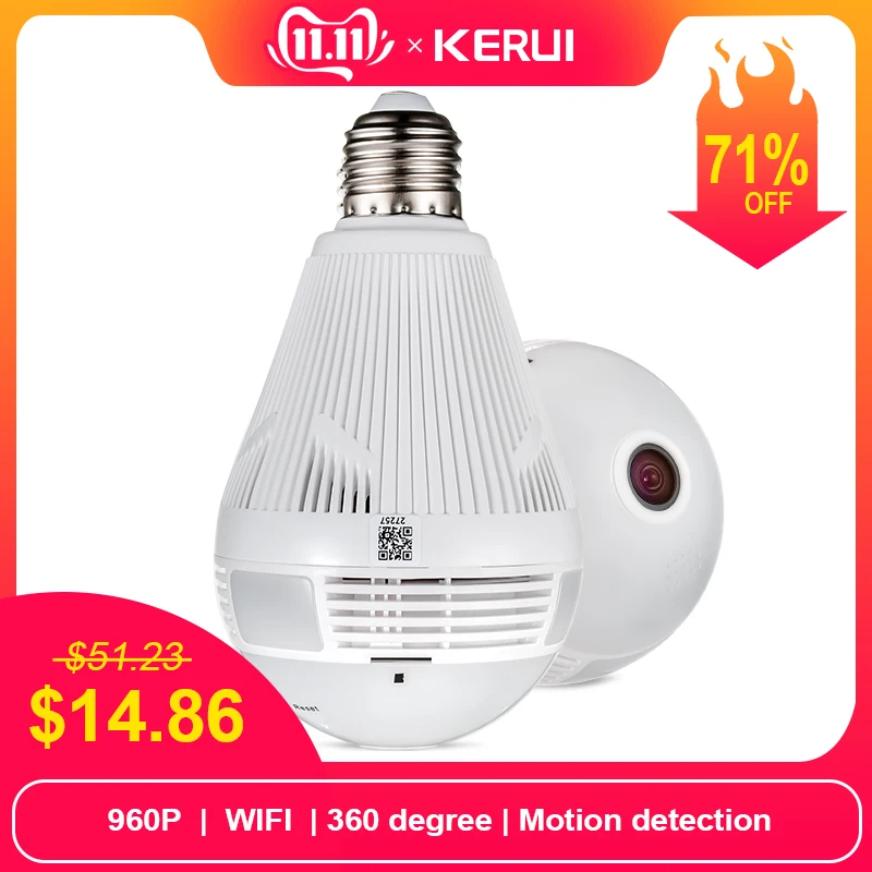 Billig KERUI LED Licht 960P Drahtlose Panorama Home Security WiFi CCTV Fisheye Birne Lampe IP Kamera 360 Grad Home Security einbrecher
