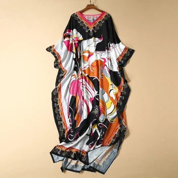 

Red RoosaRosee Designer Women Spring Autumn Abstract Print Sexy V Neck Loose Long Maxi Dress Elegant Boho Vestidos Robe Femme