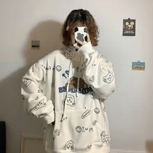 

Cartoon Teddy Bear Hooded Sweatshirts Women Spring Autumn Warm Loose Casual Hoodies with Big Pocket New Cotton Leisure Pullovers