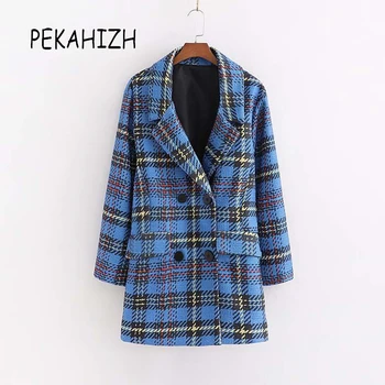 

Winter blue houndstooth plaid coat women winter jacket elegant long sleeve tweed coat casual office work full outwear 2019