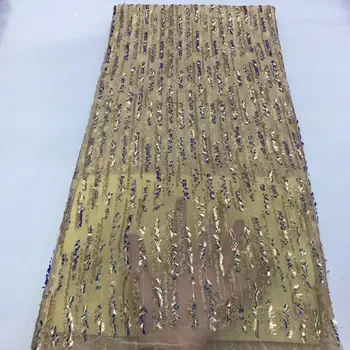 

2020 New Designs African Lace Fabric High Quality Lace Material French Gold Line Embroidered Tulle Lace Fabric With Sequins