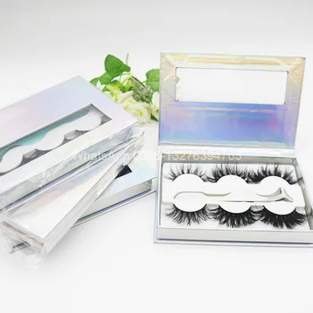 

Luxury Laser Silver Three Pairs of Eyelash Boxes Custom Lashes Box with Your Business Logo Thick 25mm Crisscross Mink Eyelashes