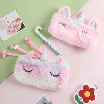 

Rainbow Plush Cute Unicorn School Pencil Case Cute Pencil Box Pen Bag For Girls Stationery Pouch Kids Gift School Supplies