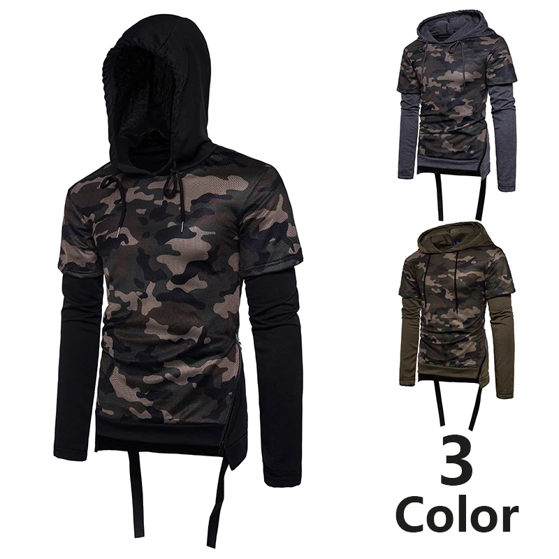 

Men's Hoodies Hip-hop Style Men's Headgear Camouflage Fake Two Hoodies European Size