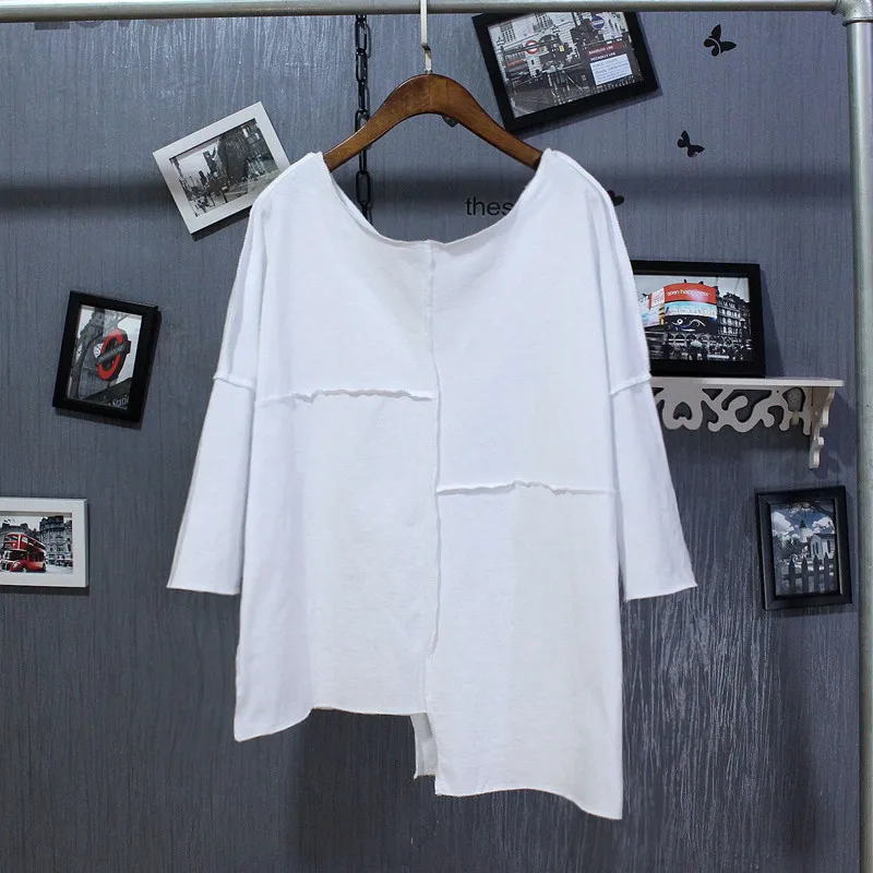 white Распродажа Tumblr Blusa летняя Однотонная футболка Женская свободная модная простая Универсальная футболка с рукавом три четверти правая левая Лоскутная Рабочая Футболка - Цвет: white