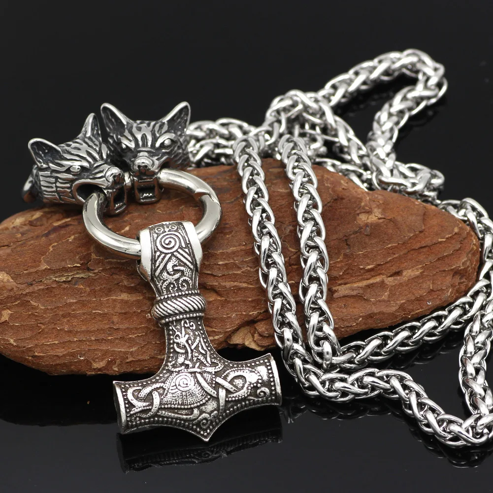 

Hot Selling Stainless Steel Wolf Head hua lan lian Thor Pendant Hammer Titanium Steel Necklace Men's Charm Accessories