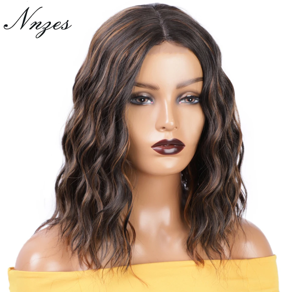 NNZES-peluca corta de onda Natural para mujeres negras, pelo corto sintético resistente al calor, color negro mezclado y marrón, 14 pulgadas