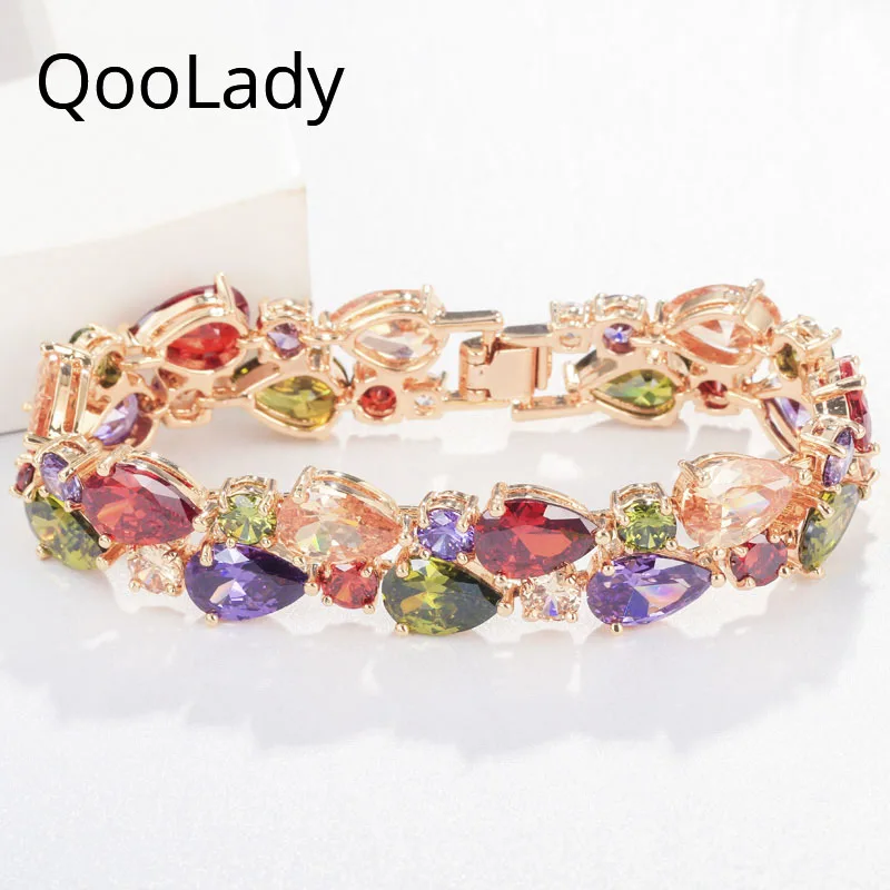 QooLady Austrian Crystal Luxury Designer Jewelry Multicolor CZ Yellow Gold Large Party Bangle Bracelet for Women S008 | Украшения и