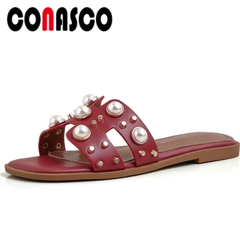 

CONASCO Fashion Women Sandals Flats Genuine Leather Slippers Summer 2020 Beach Casual New Pearls Rivets Flat With Shoes Woman
