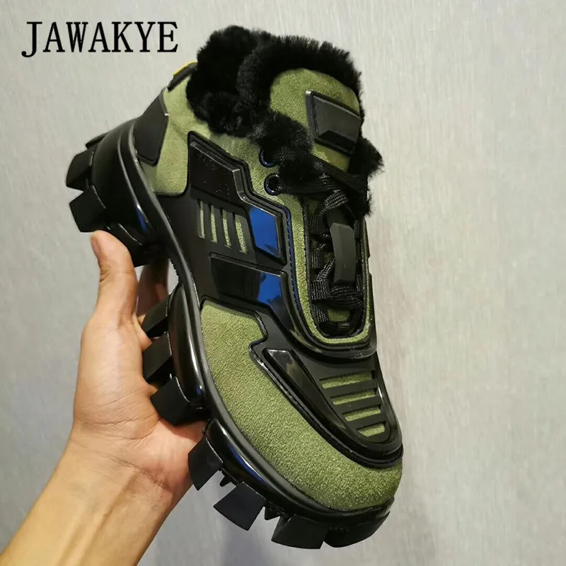 Winter Mountain Trainers Boots Mixed Color Lace Up Platform Shoes Woman Round Toe Runway Sneakers Warm Plush Casual Snow Boots