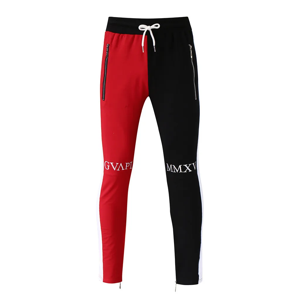 Cotton Mens Long Color Block Street Patchwork Zippers Elastic hip pop Casual Pencil Pant Sweatpants Trousers Jogger Pants - Цвет: Красный