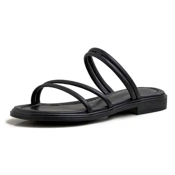 

New Women Low Heel Casual Summer Outside Beach Slippers Open Toe Flip-flops Sandal Genuine Leather Simple Brand Slides