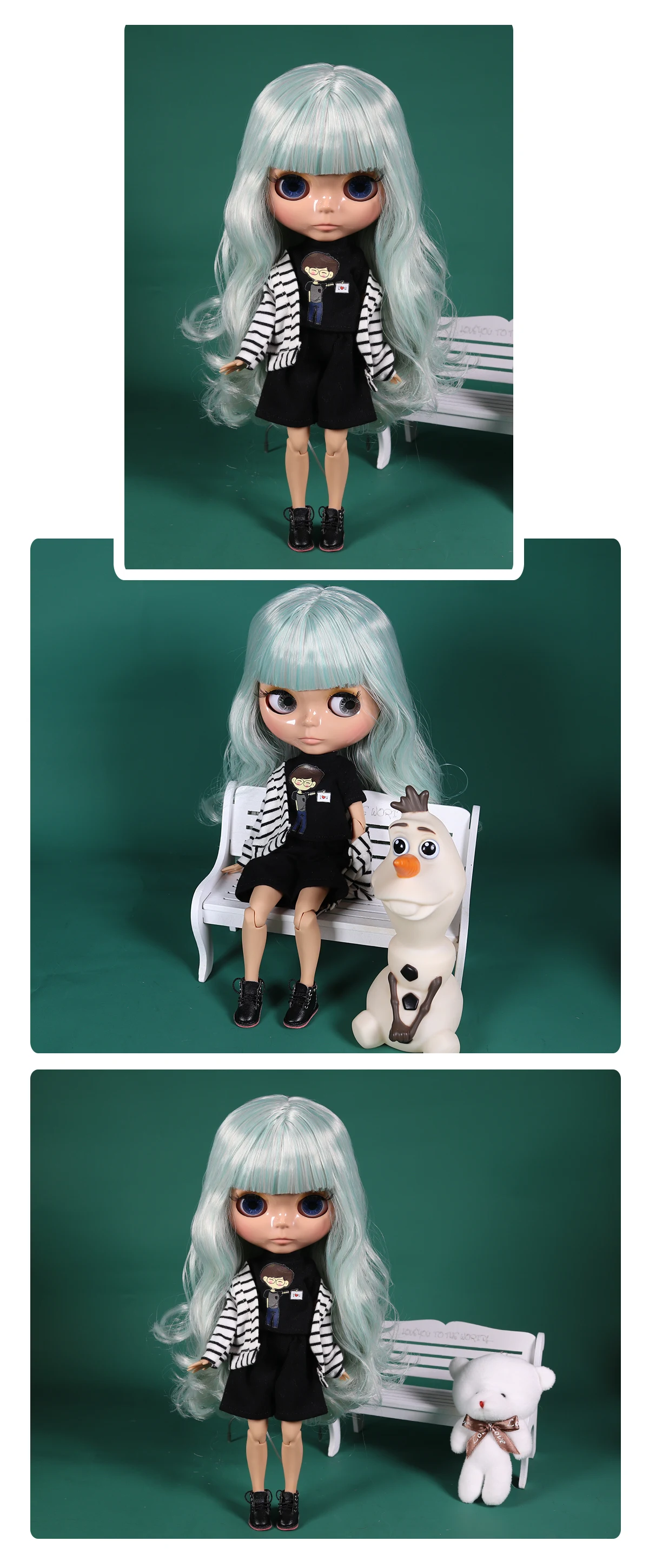 Neo Blythe Doll with Green Hair, Tan Skin, Shiny Cute Face & Custom Jointed Body 1