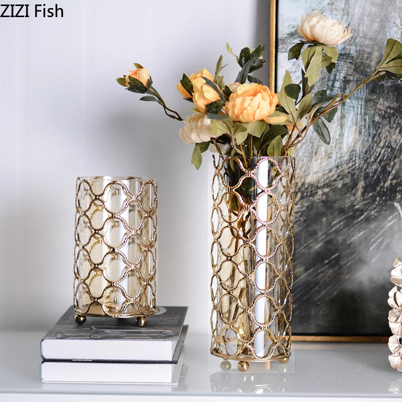 Креативные скандинавские современные золотые стеклянные вазы металлические цветочные композиции аксессуары декоративные украшения подсвечник