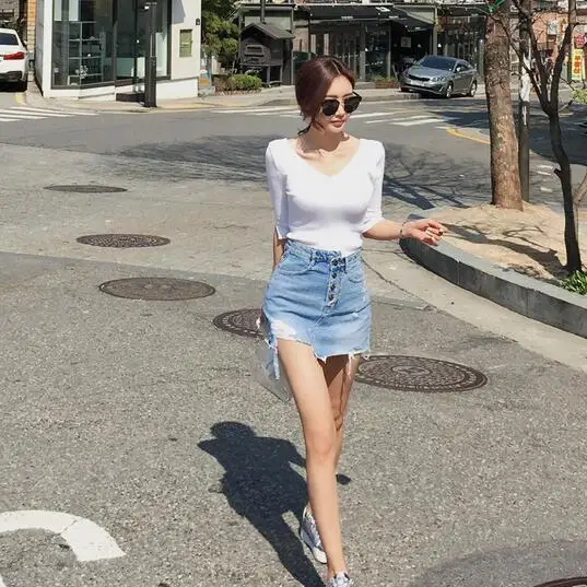 Casual Irregular High Waist Denim Skirt Light Wash Women Ripped Mini Skirt Female mini saia mujer Summer DG514