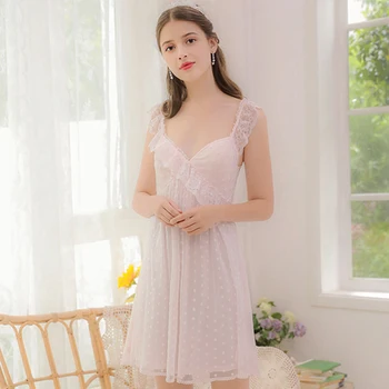 

Sexy V Neck Strap Nightgown Female Summer Cute Lace Modal Pajamas Tracksuit with Chest Pad
