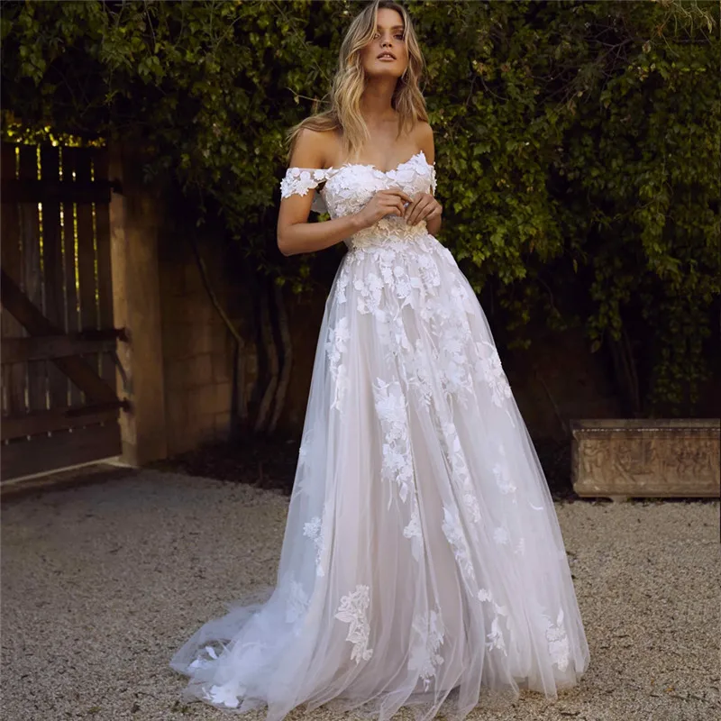 

Lace Wedding Dresses 2019 Off the Shoulder Appliques A Line Bride Dress Princess Wedding Gown Free Shipping robe de mariee
