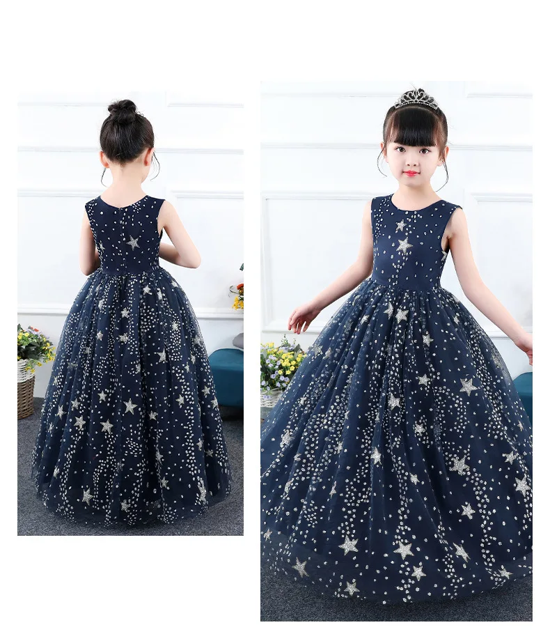 Торжественное длинное платье со звездами и блестками праздничное платье для девочки г., Детские вечерние бальные платья, детское винтажное платье