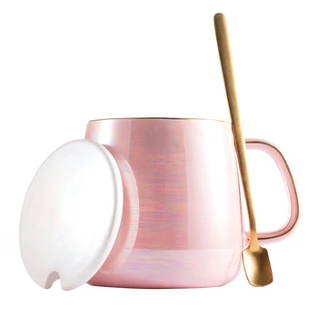 

Cute Colorful Coffee Mug Nordic Gold Ceramics Girl Cup Pearl Milk Pink Breakfast Kupa Bardak with Spoon Drinkware EC50BZ