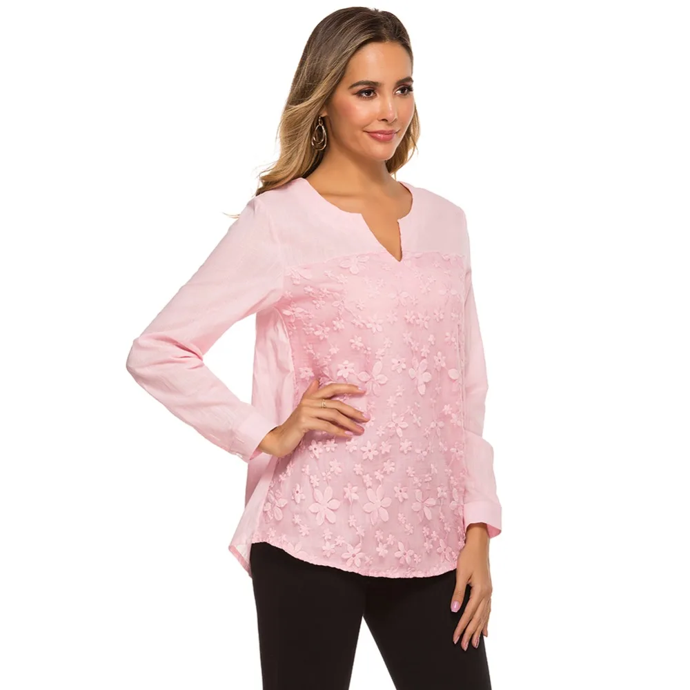 Топы размера плюс из хлопка и льна, женская блузка, элегантная рубашка с v-образным вырезом и длинным рукавом, повседневные осенние кружевные рубашки, винтажные рубашки с вышивкой