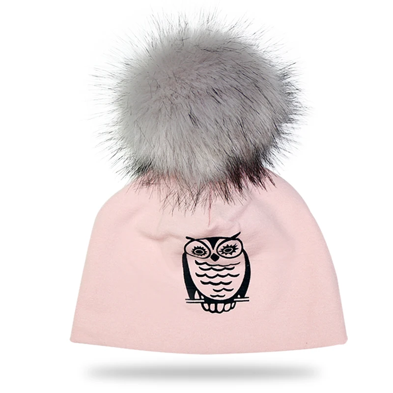 Хлопковая детская шапка Помпон с искуственным мехом шапка для девочек и мальчиков зимняя детская Кепка - Цвет: pink owl