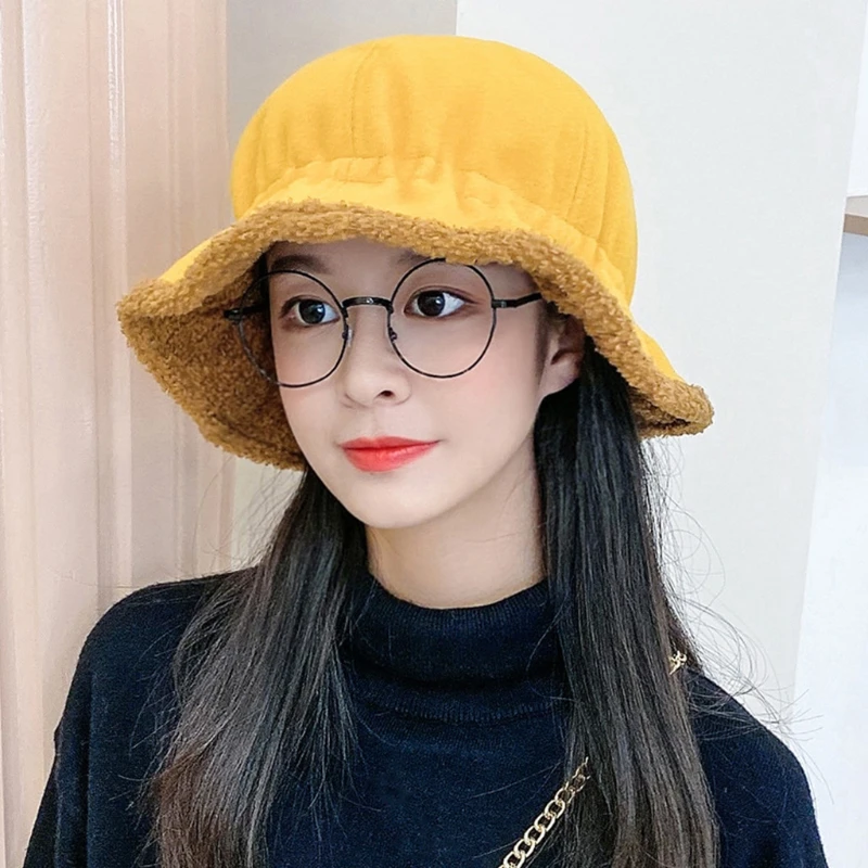 

Women Winter Thicken Plush Lining Bucket Hat Cute Ruffled Wide Brim Round Top Solid Color Outdoor Warm Fisherman Cap