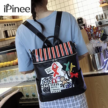 

iPinee Cartoon Embroidery Leather Backpack Women Large Capacity School Bag Female Travel Backpack for Girls Ladies Black Bag