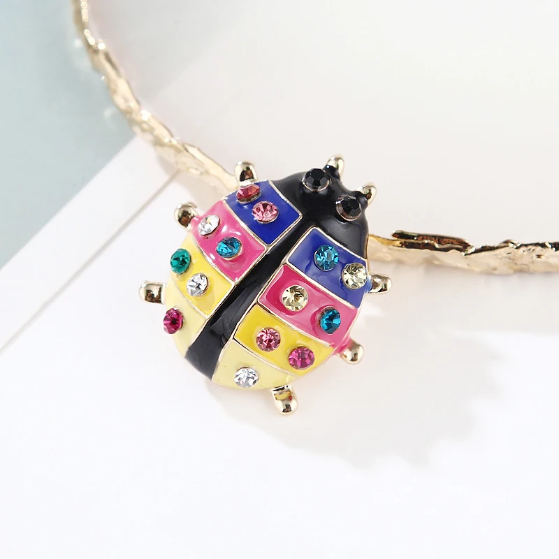 1pc Colorful Crystals Ladybug Brooches For Kids Girls Shirt Gold-color Insect Brooch Scarf Corsage Accessories Pin