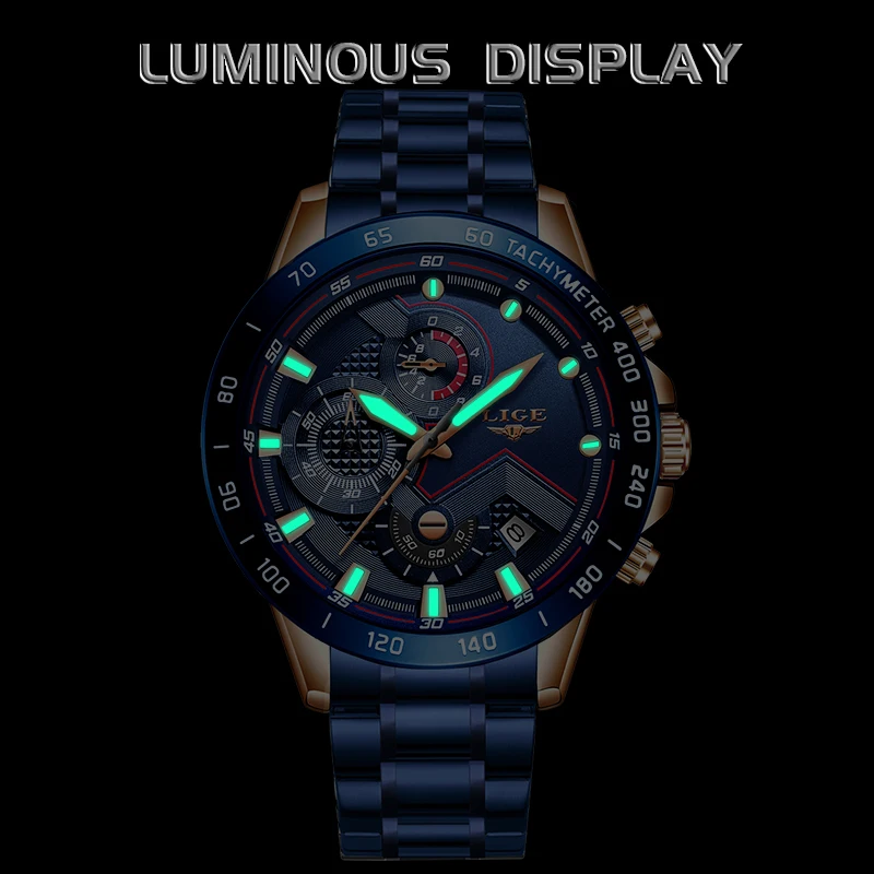 LIGE 2020 New Fashion Mens Watches with Stainless Steel Top Brand Luxury Sports Chronograph Quartz Watch Men Relogio Masculino