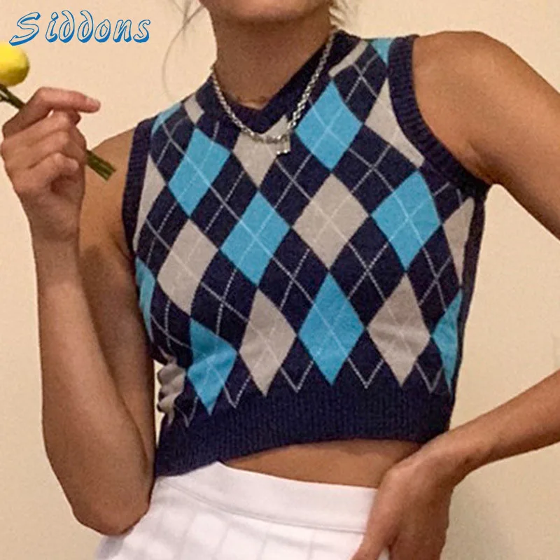 

SIDDONS Women Sweater Vest Vintage Y2K Girls Sleeveless Plaid Knitted Cropped Sweaters New Preppy Style Sweaters Vest Female