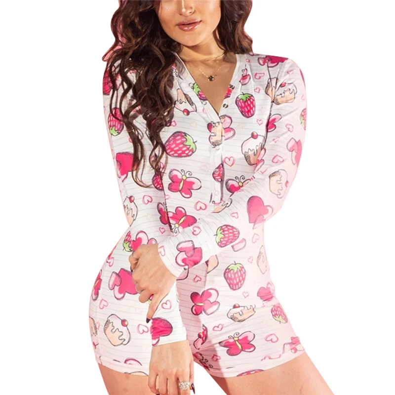 Fashion Sexy V Neck Long Sleeve Bodycon Bodysuit Casual Printed Button