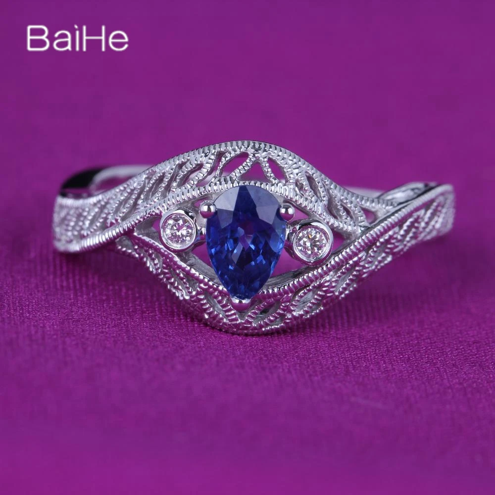 

BAIHE Real Solid 14K White Gold Natural Sapphire Ring Women Men Wedding vintage Fine Jewelry Making خاتم الياقوت Anillo Zafiro