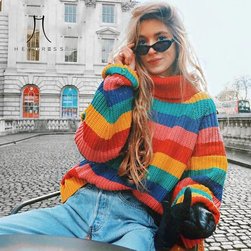 

Heydress Rainbow turtleneck sweaters women winter jumpers knitted clothes fashion striped oversized pullover female sweater