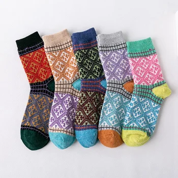 

5 Pairs Fashion Warm Soft Women's Socks Retro Style Colorful Wool Socks Christmas Casual Breathable Tube Socks
